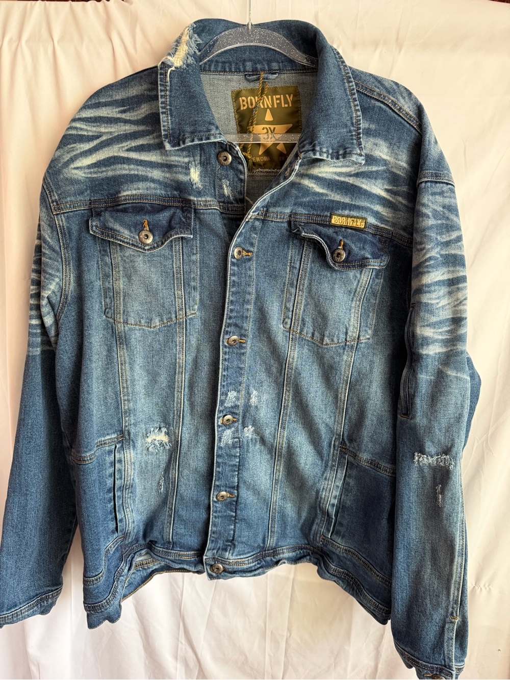 Rare Born Fly Jean Jacket Distressed embroidered patches on back. 3X Streetwear